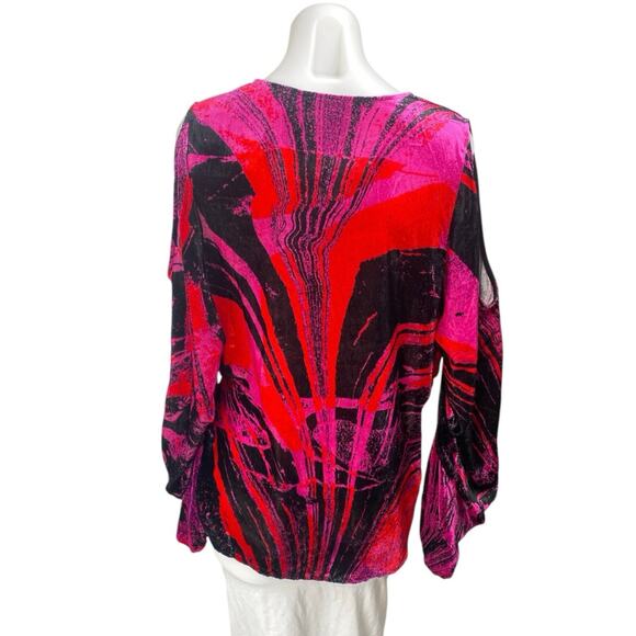BCBGMAXAZRIA Multicolor Lace Long Sleeve Deep V Neck Faux Wrap Blouse Top Size M - Picture 2 of 4